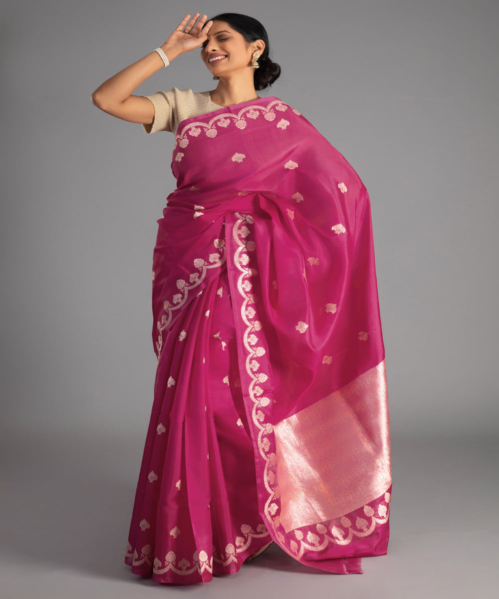 Pink zari border handwoven banarasi silk saree