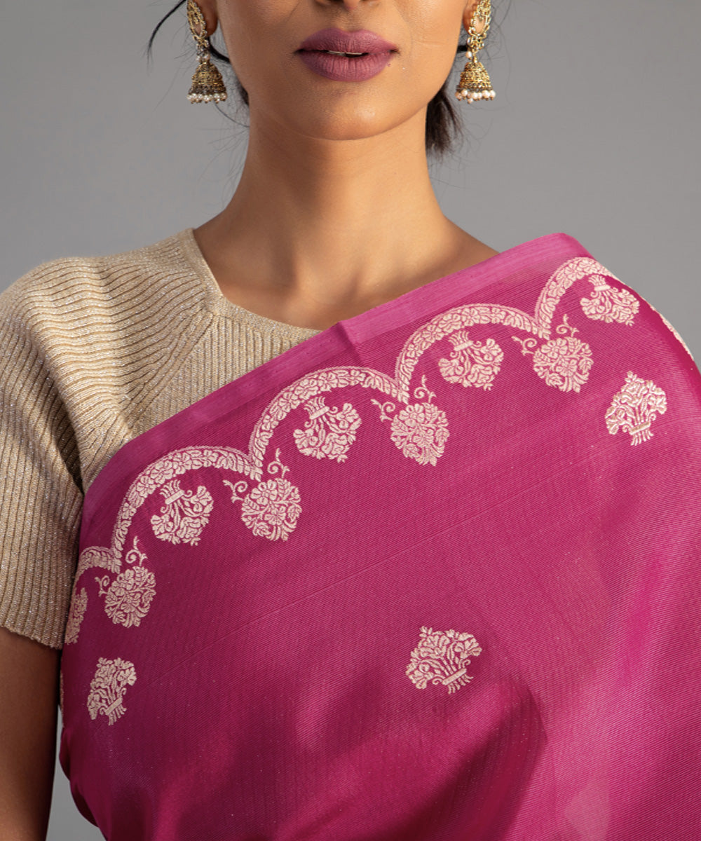 Pink zari border handwoven banarasi silk saree