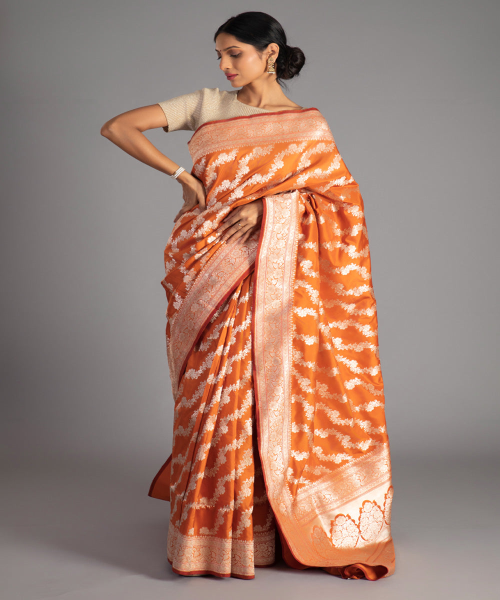 Orange handwoven banarasi silk saree