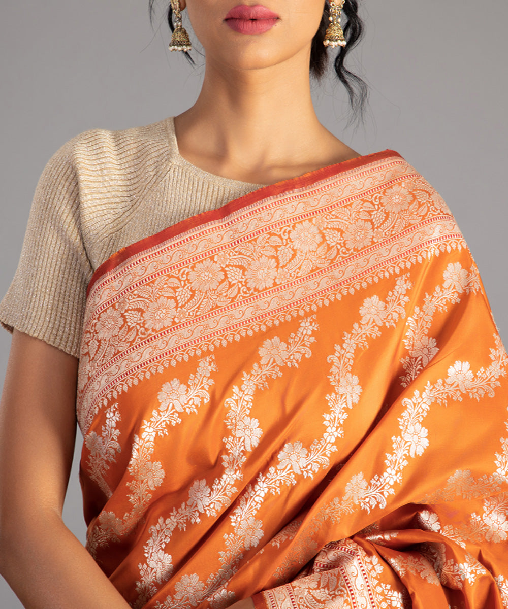 Orange handwoven banarasi silk saree