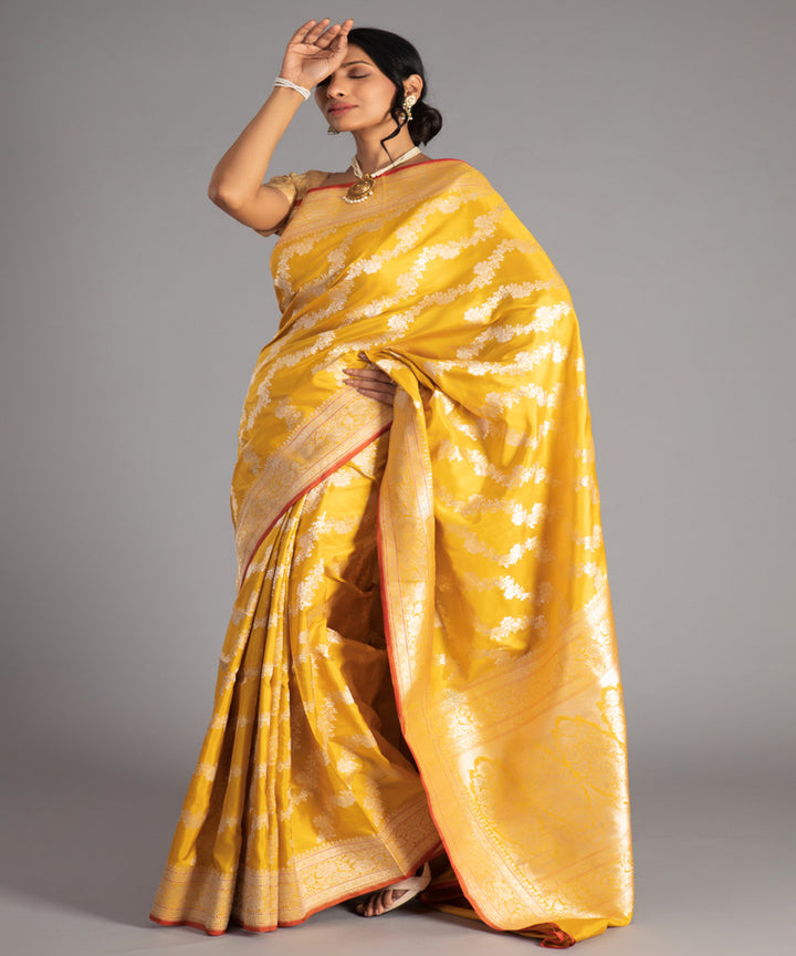 Yellow handwoven banarasi silk saree