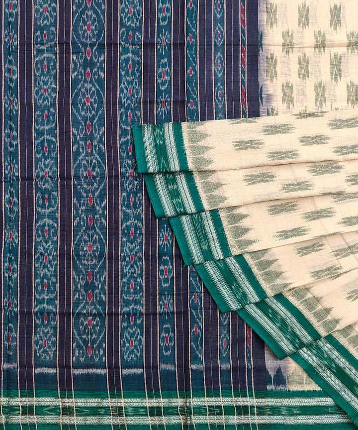 Offwhite dark green cotton handloom nuapatna saree