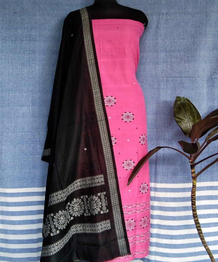 Pink black handwoven cotton bomkai dress material