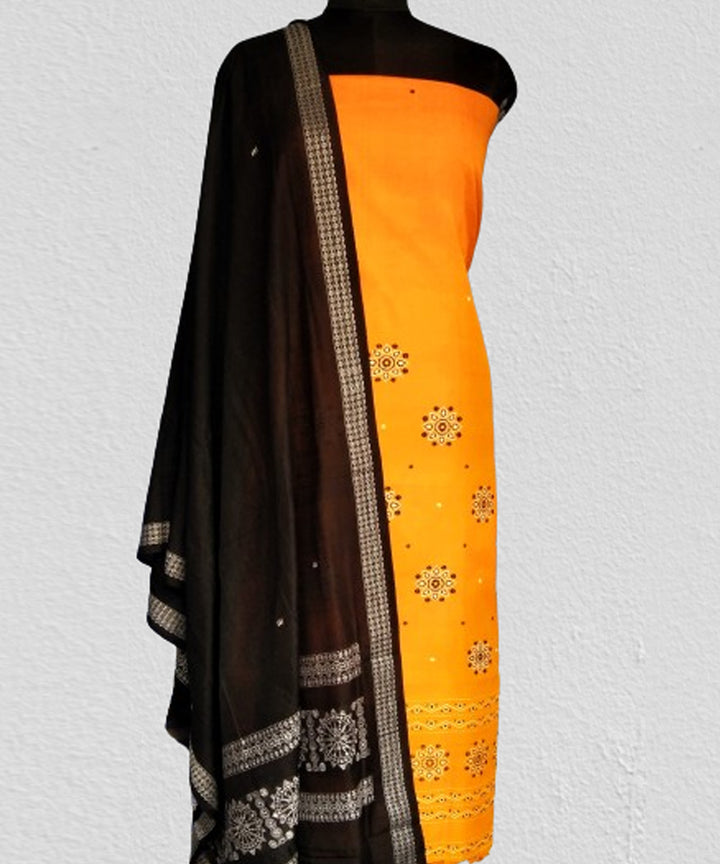 Yellow black handwoven bomkai cotton dress material