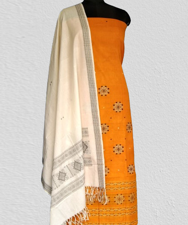 Yellow off white handwoven bomkai cotton dress material