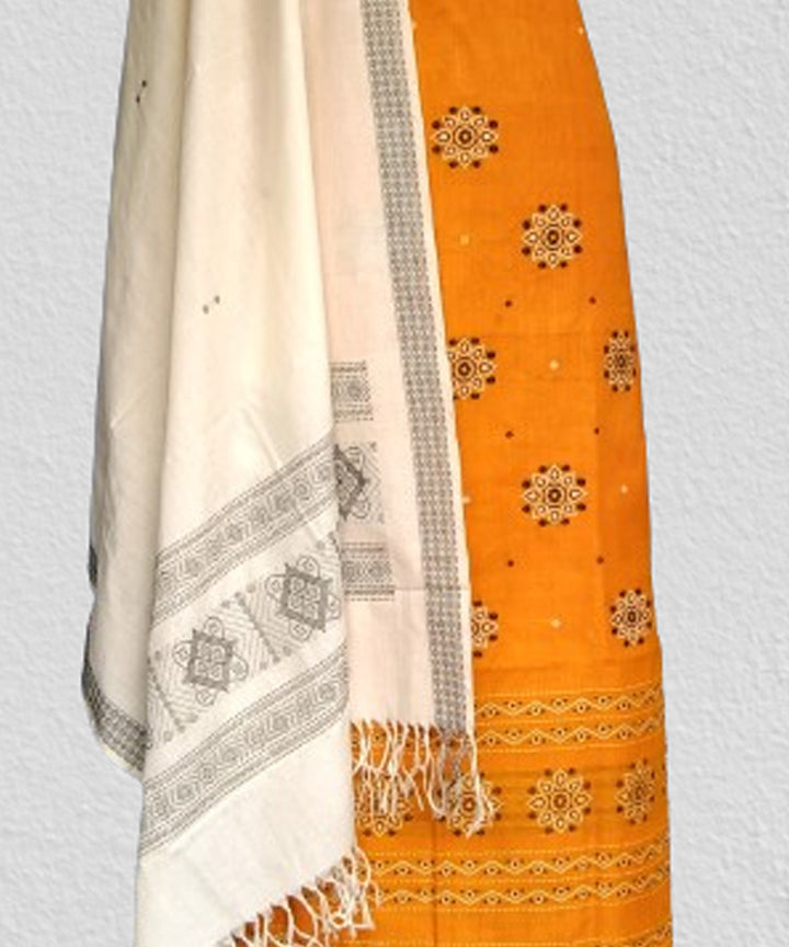 Yellow off white handwoven bomkai cotton dress material