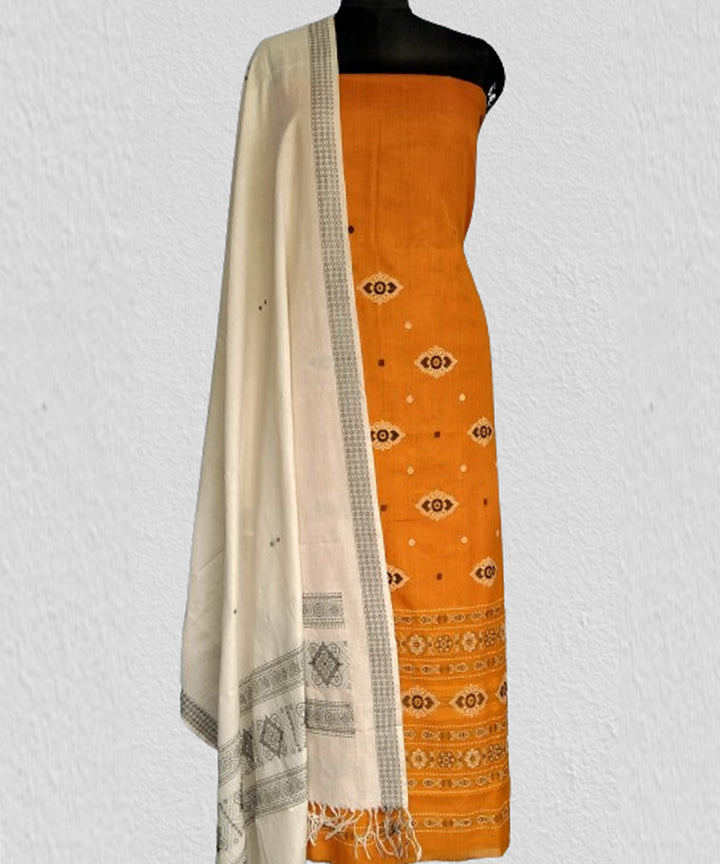 Yellow off white handwoven cotton bomkai dress material