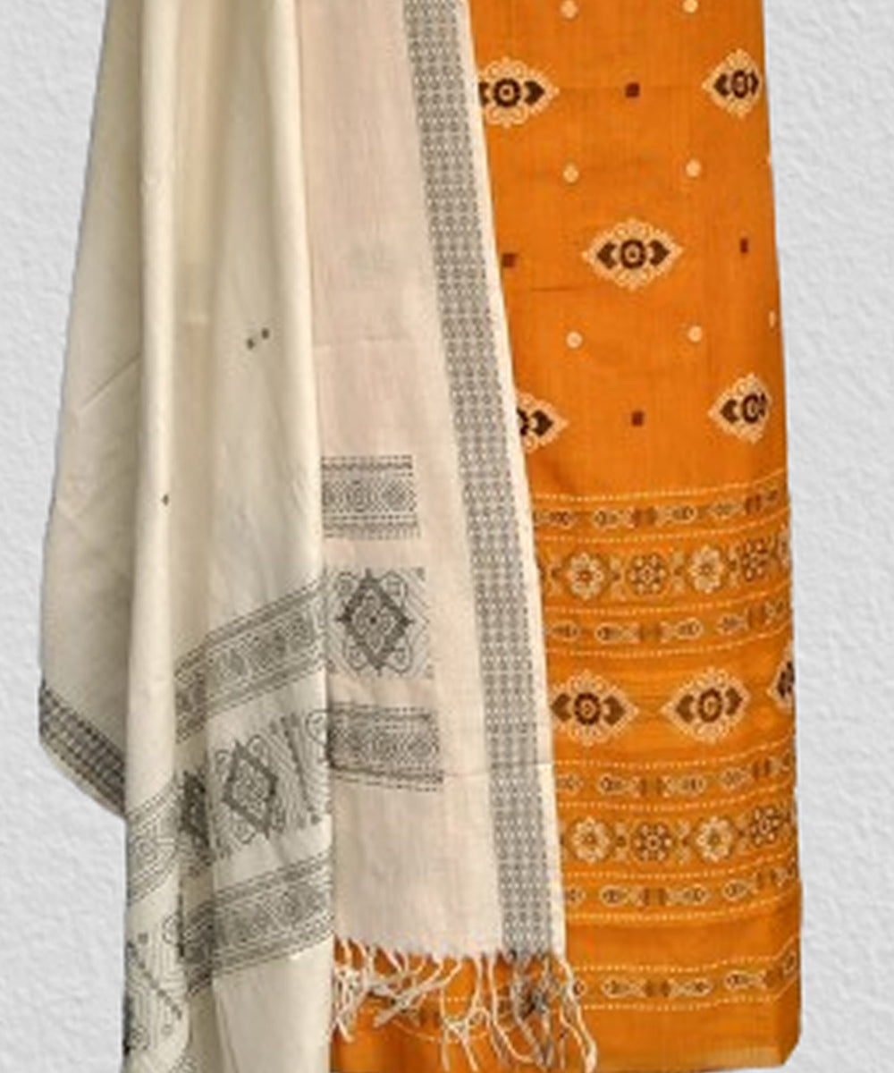 Yellow off white handwoven cotton bomkai dress material