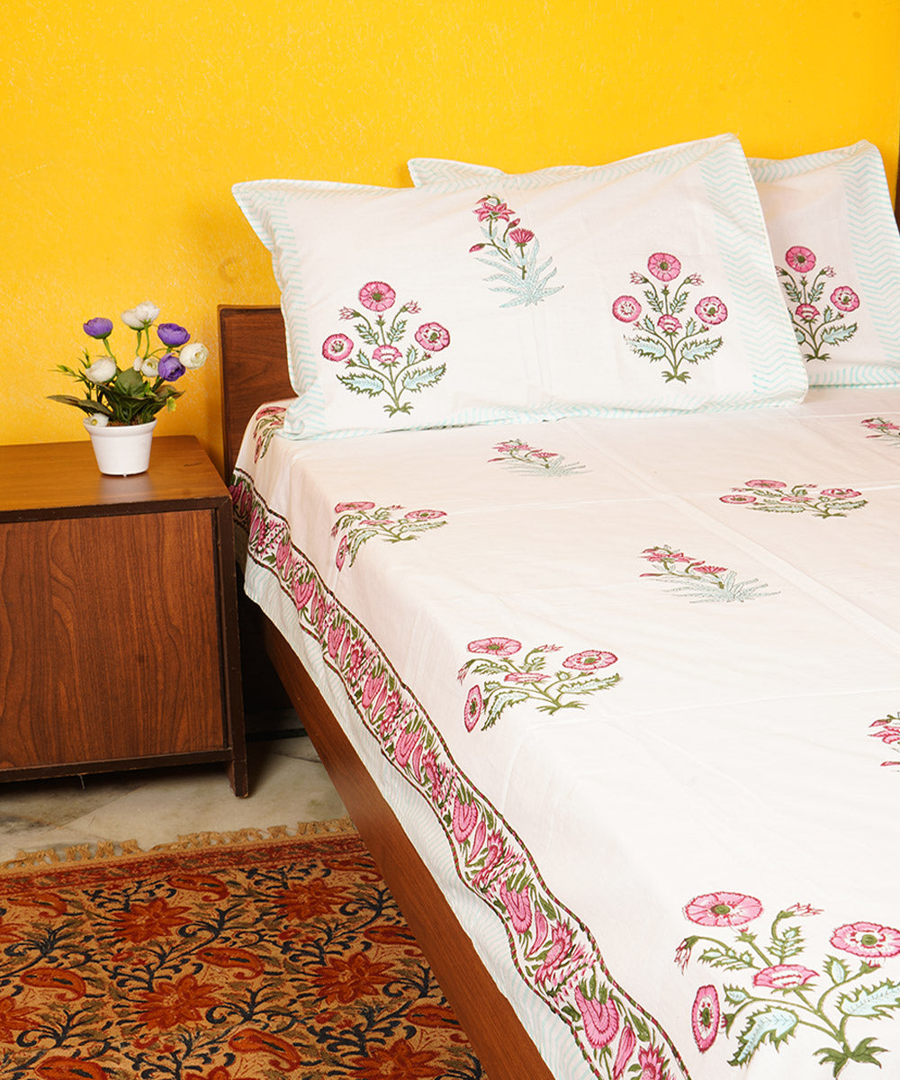 White brown cotton block hand printed double bedsheet