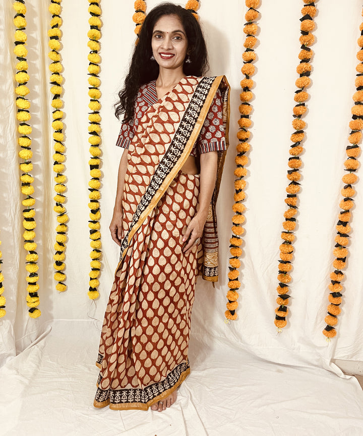 Beige red hand block bagru print chanderi sico saree