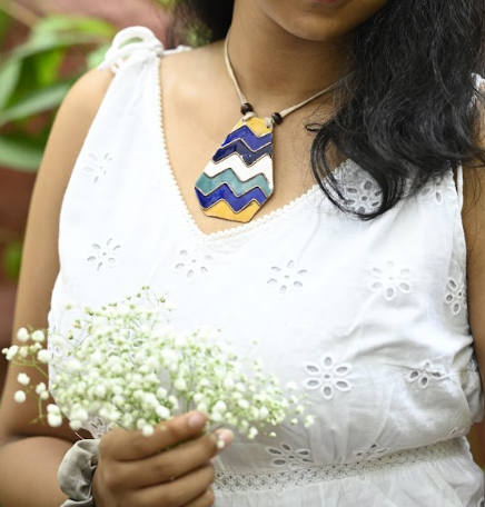 Multicolour copper enamel pendant with faux leather string wooden bead