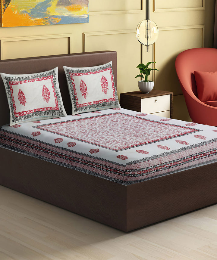 White red floral block printed king size cotton double bedsheet