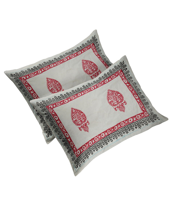 White red floral block printed king size cotton double bedsheet