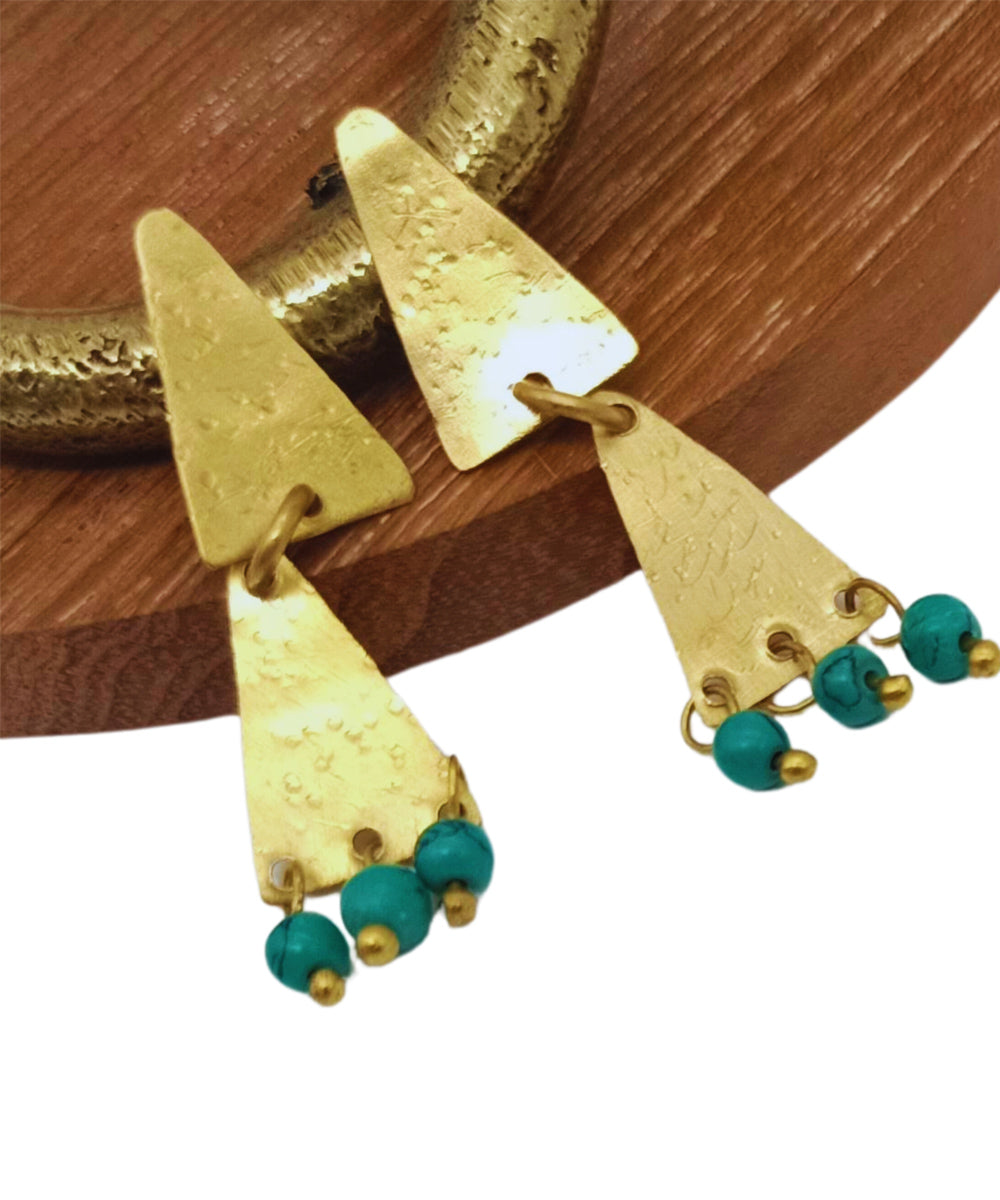Cyan green golden dhokra handcrafted brass earring