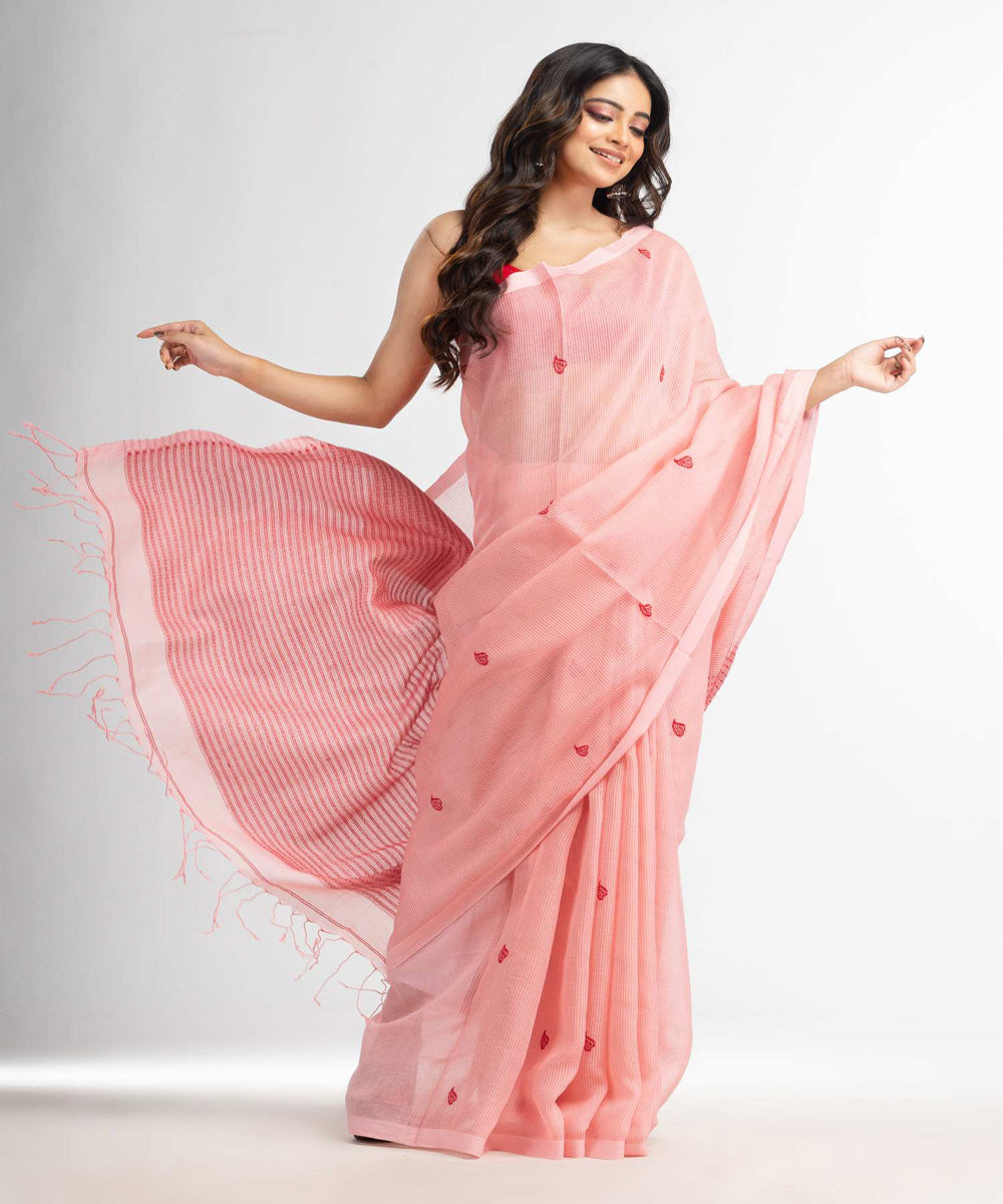 Light pink handwoven bengal cotton silk saree