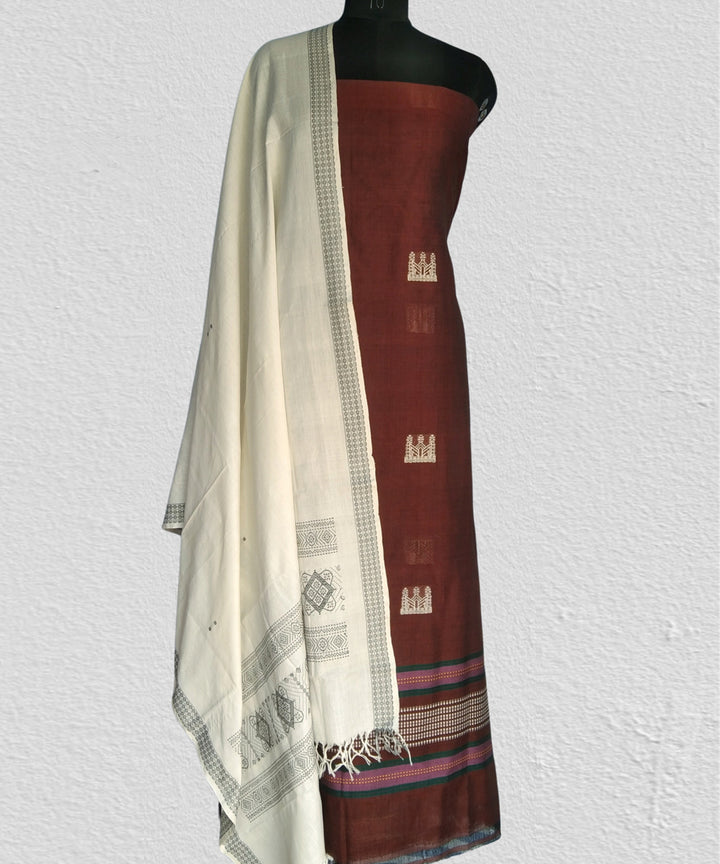 Brown white handwoven cotton bomkai dress material