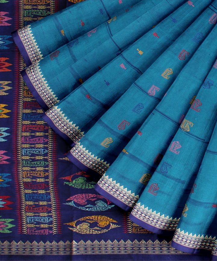 Turquoise navy blue silk handloom bomkai saree