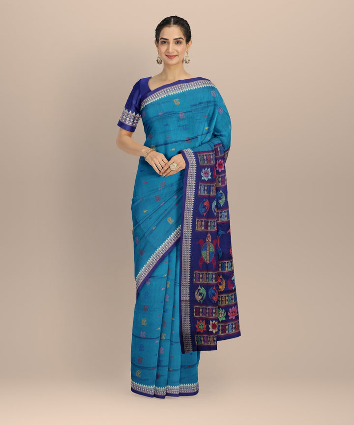 Turquoise navy blue silk handloom bomkai saree