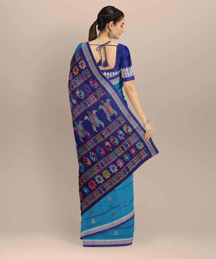 Turquoise navy blue silk handloom bomkai saree