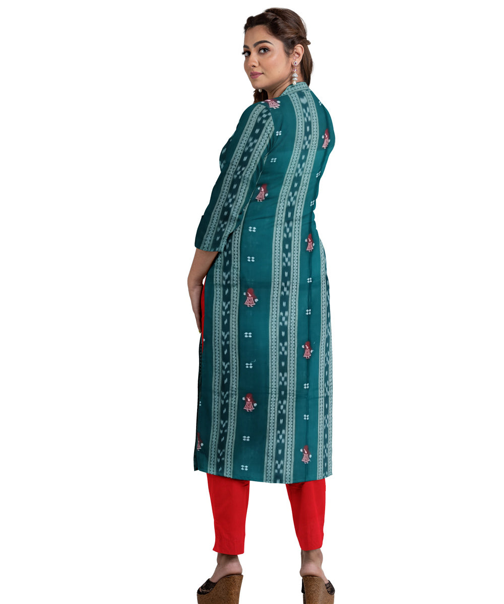 Cyan green red handwoven cotton dress material