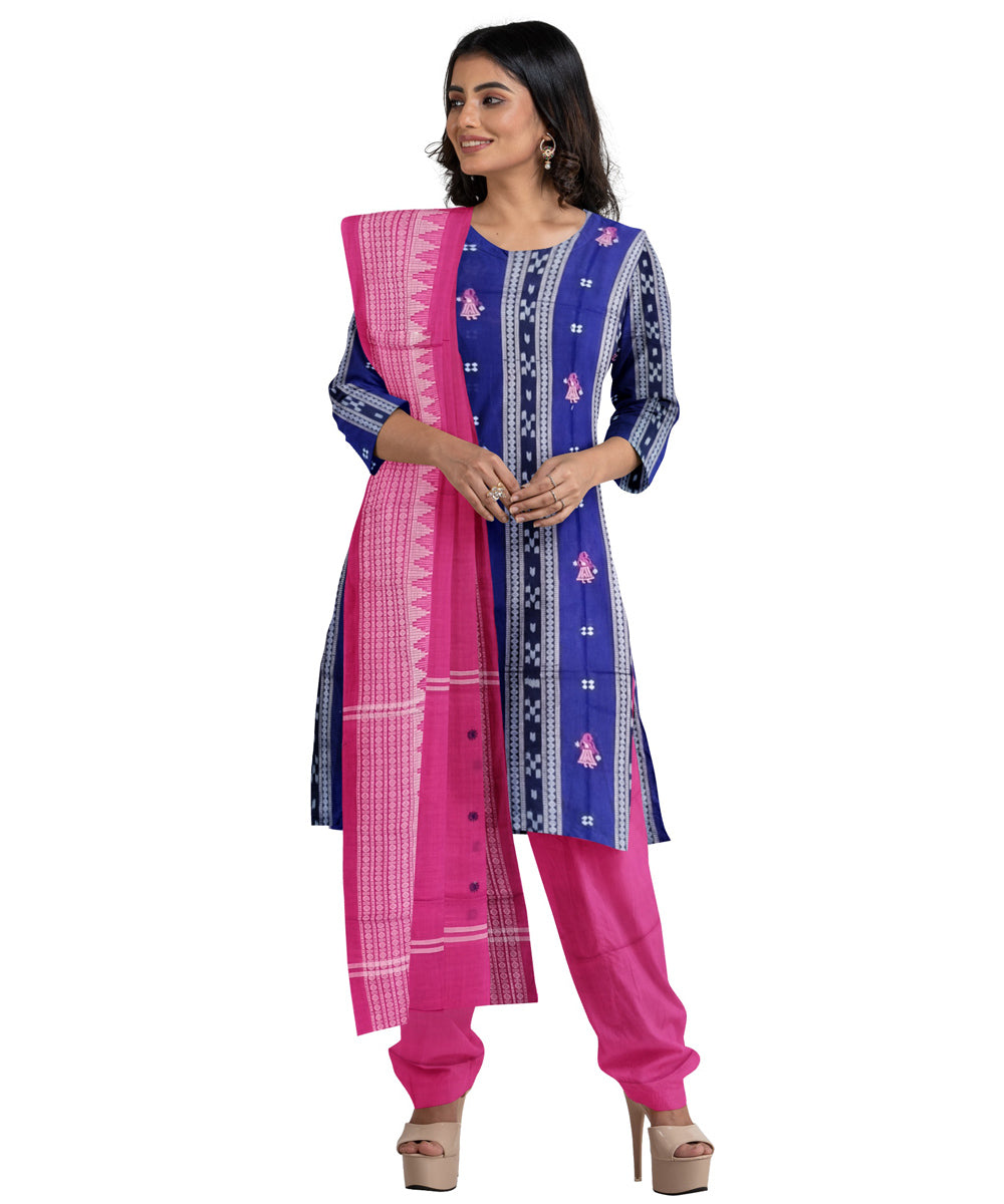 Navy blue pink handwoven cotton dress material