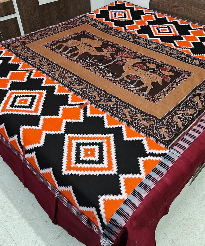 Brown multicolour handwoven sambalpuri cotton double bedsheet