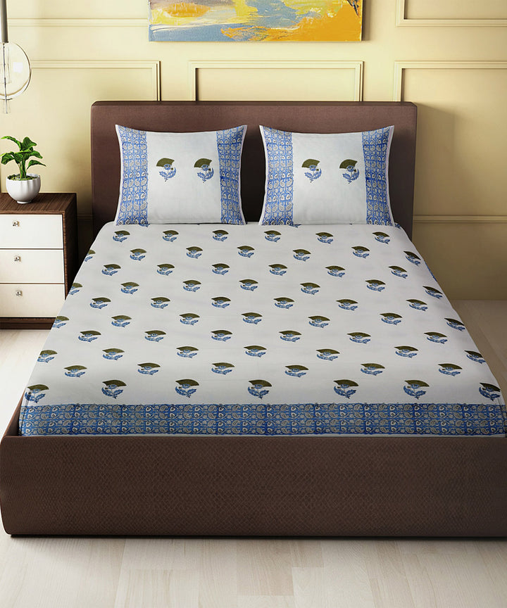 White blue hand block printed king size cotton double bedsheet