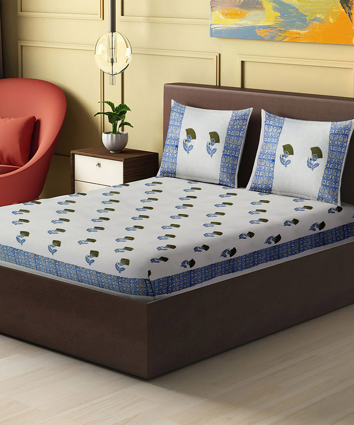 White blue hand block printed king size cotton double bedsheet