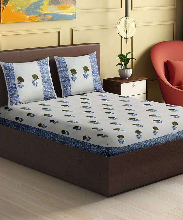 White blue hand block printed king size cotton double bedsheet