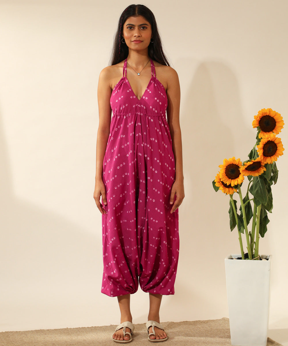 Pink handcrafted bandhani cotton jumpsuit