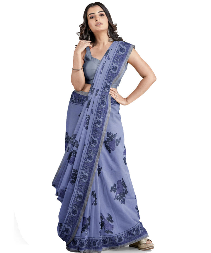 Navy blue blue cotton hand printed maheshwari saree