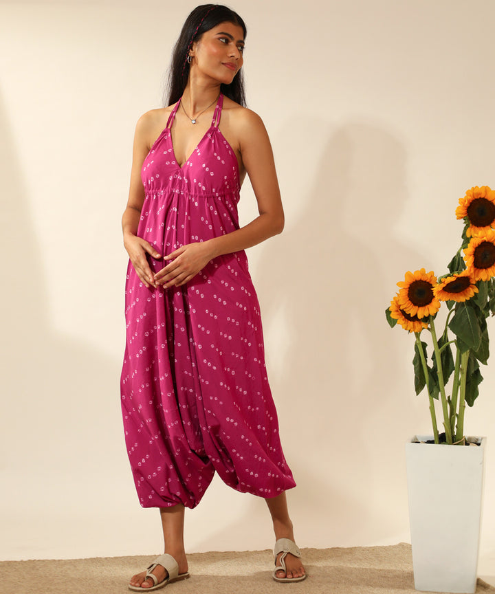 Pink handcrafted bandhani cotton jumpsuit
