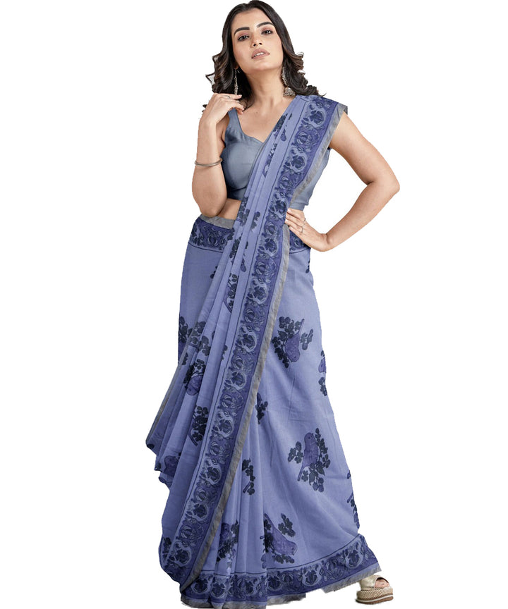 Navy blue blue cotton hand printed maheshwari saree