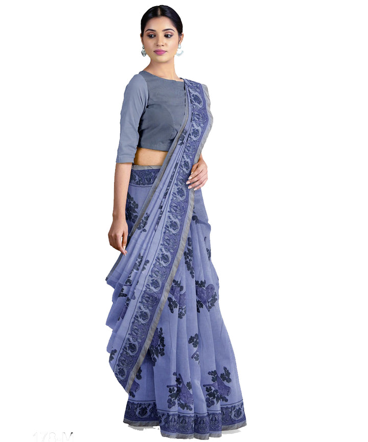 Navy blue blue cotton hand printed maheshwari saree