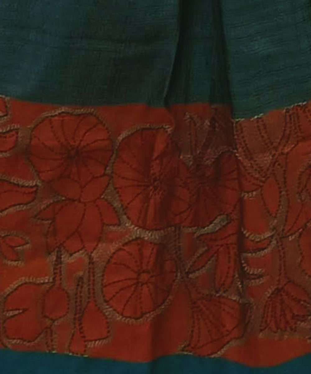 Dark green red handwoven silk kantha stitch stole