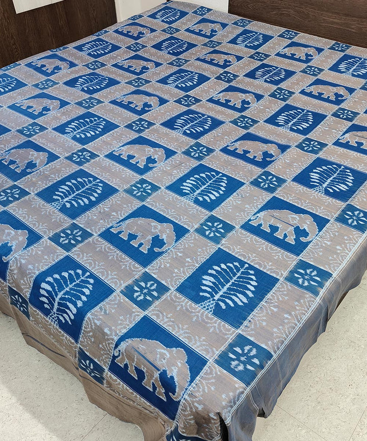 Cyan blue grey handwoven sambalpuri cotton double bedsheet