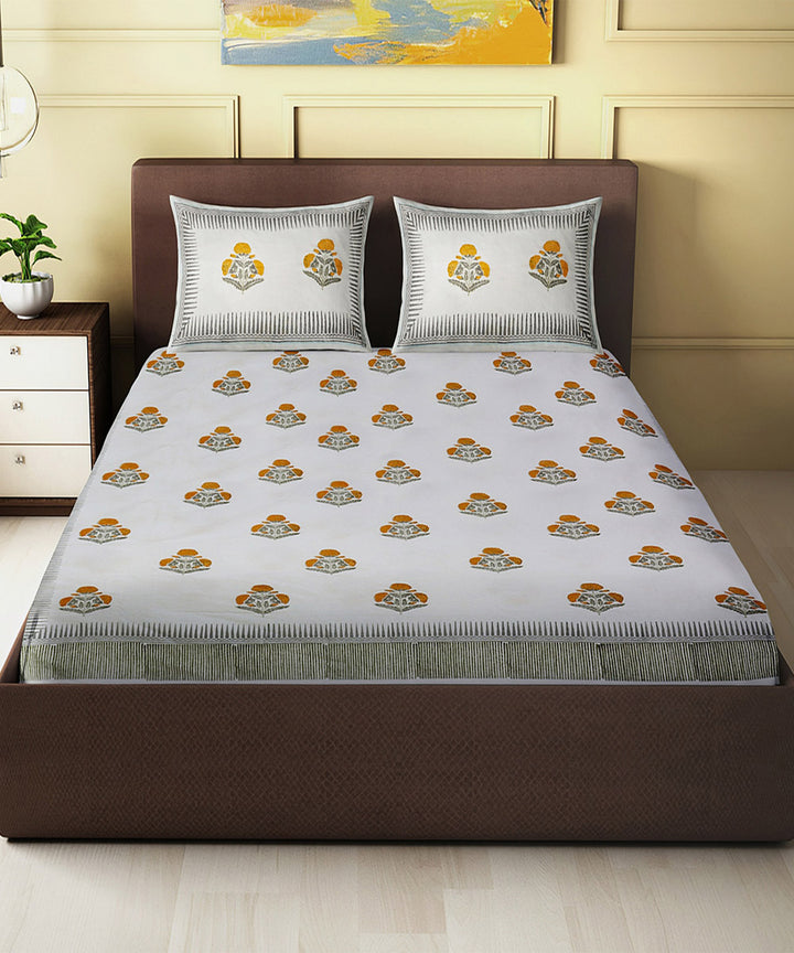 White yellow block printed king size cotton double bedsheet
