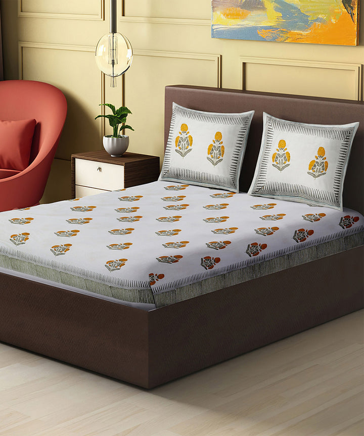 White yellow block printed king size cotton double bedsheet