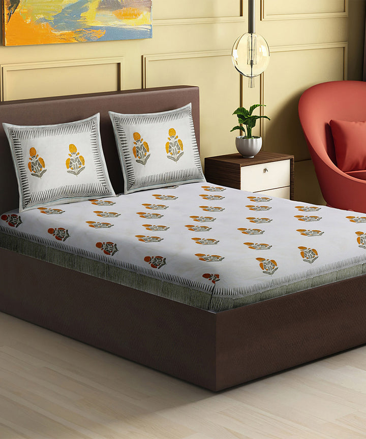 White yellow block printed king size cotton double bedsheet