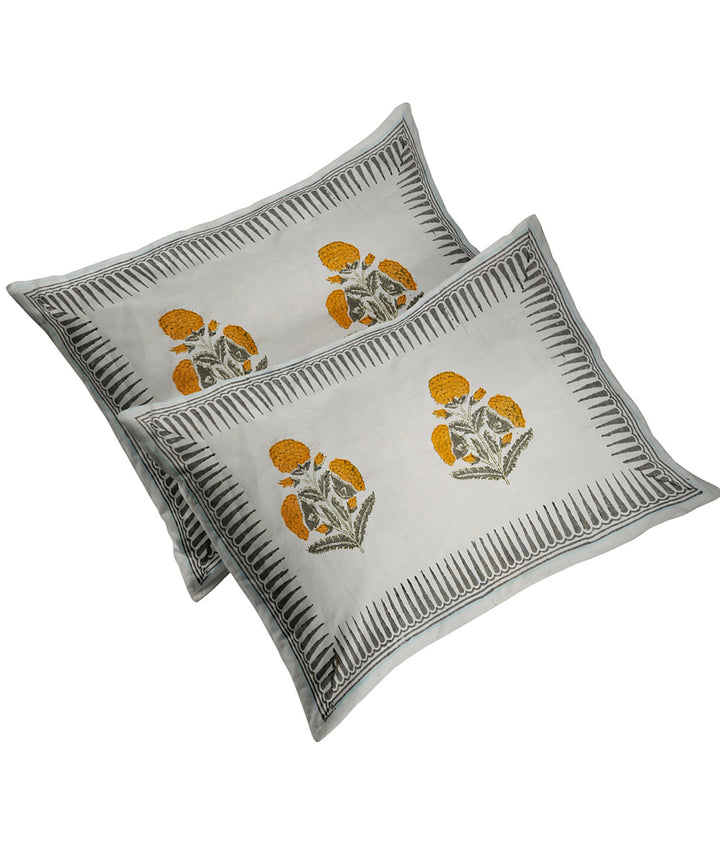 White yellow block printed king size cotton double bedsheet