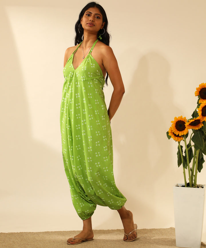 Green handcrafted bandhani cotton jumpsuit