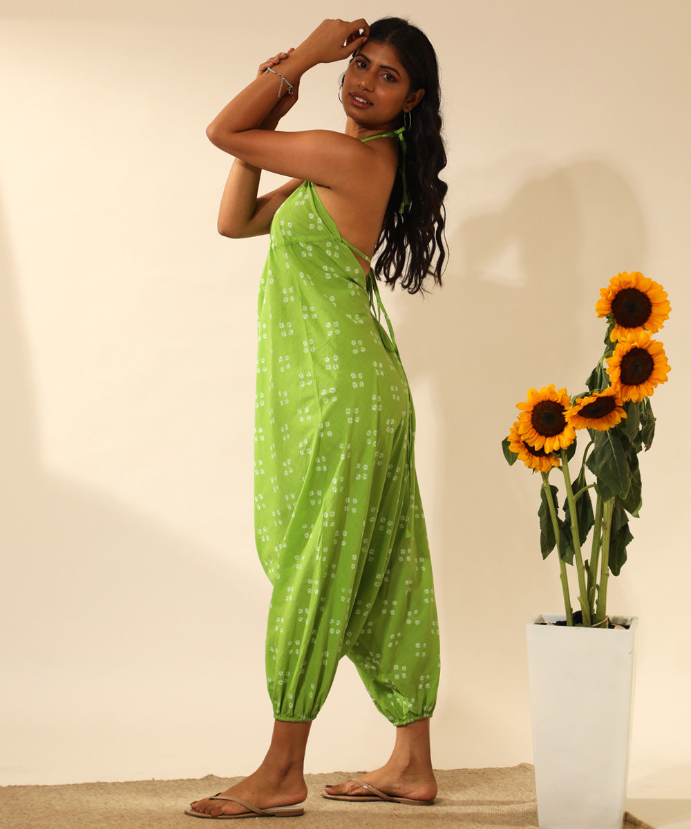 Green handcrafted bandhani cotton jumpsuit