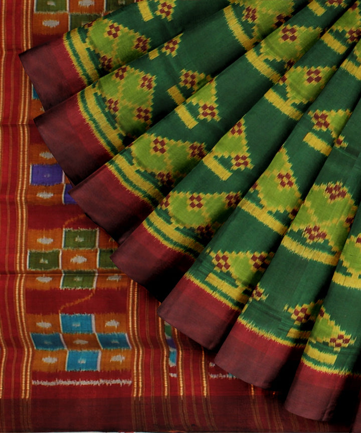 Cyan green maroon silk handloom khandua saree