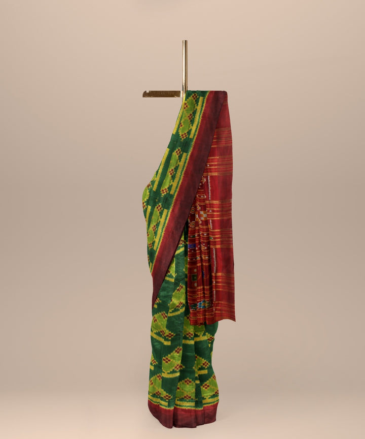 Cyan green maroon silk handloom khandua saree