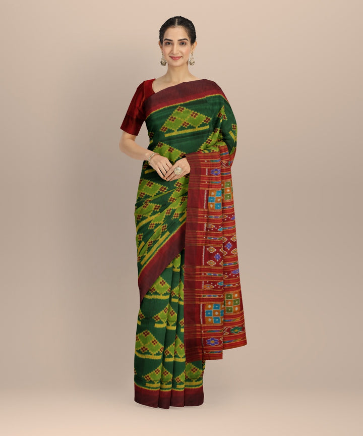 Cyan green maroon silk handloom khandua saree