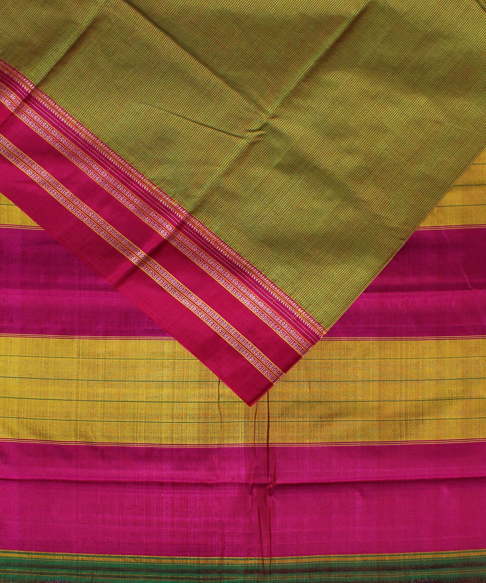 Lime green checks pink gayatri border cotton art silk ilkal saree
