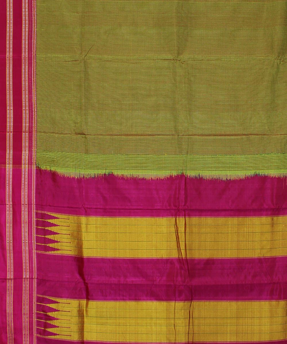 Lime green checks pink gayatri border cotton art silk ilkal saree