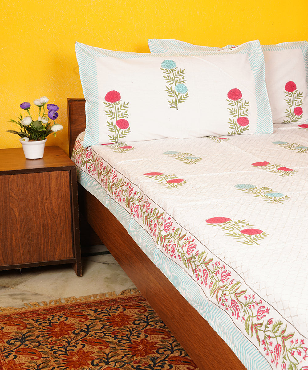 White blue cotton hand block printed double bedsheet