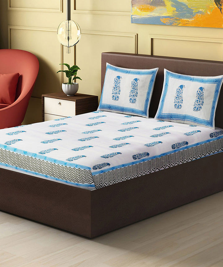 White sky blue hand block print king size cotton double bedsheet