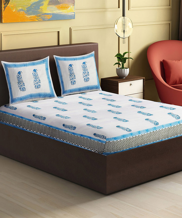 White sky blue hand block print king size cotton double bedsheet